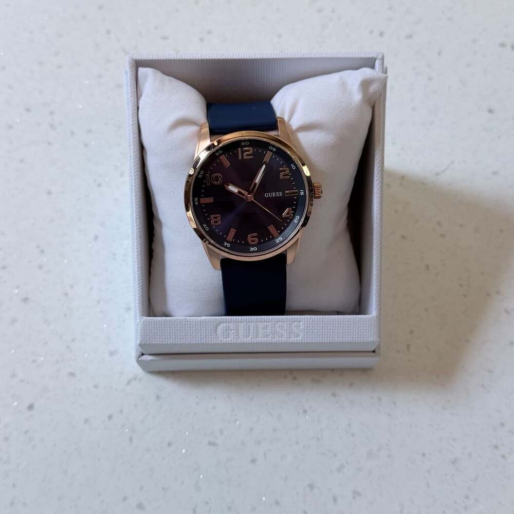 Guess Monte Analog Watch for Men w Blue Silicone Strap and Rose Gold Tone Case